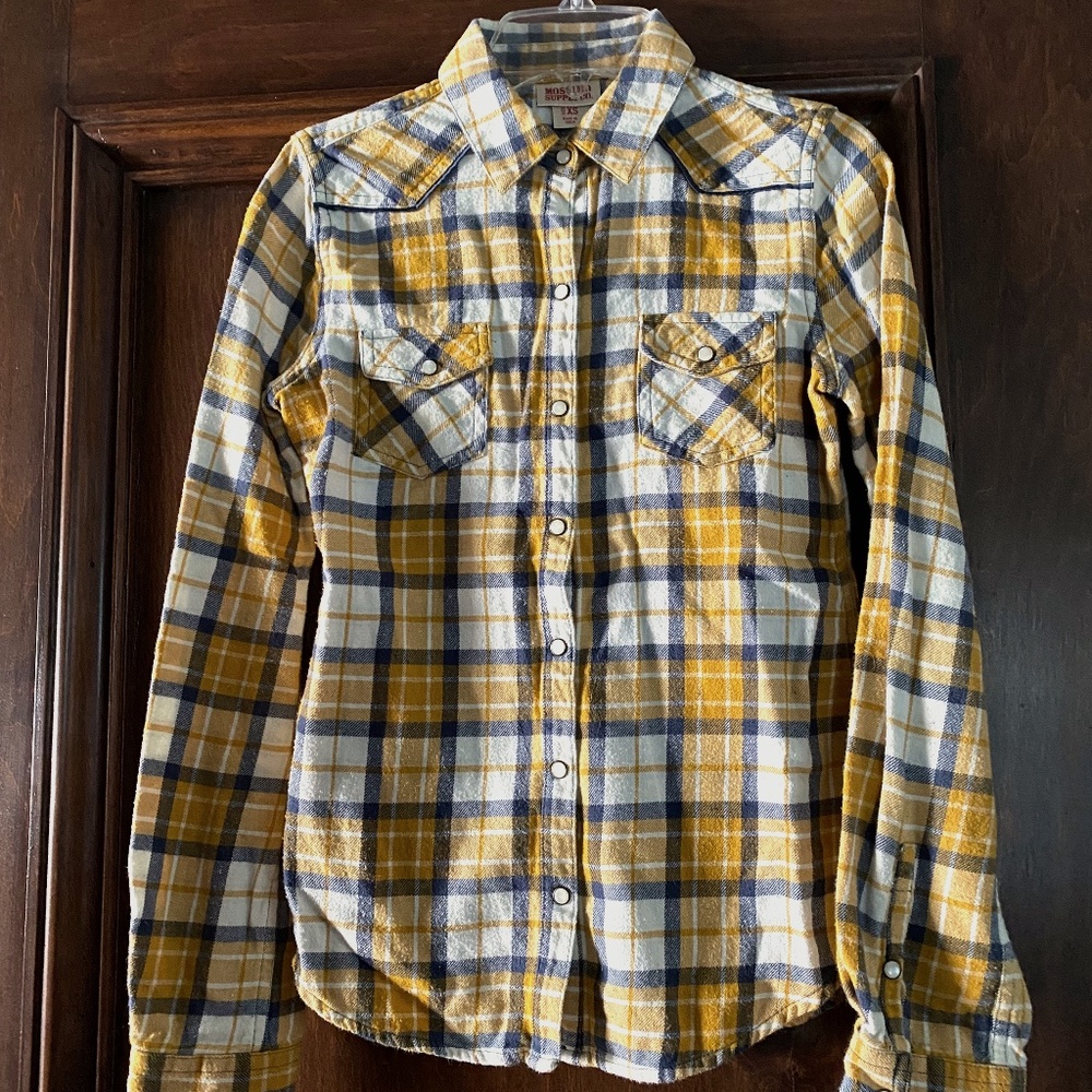 Gold and blue plaid flannel shirt